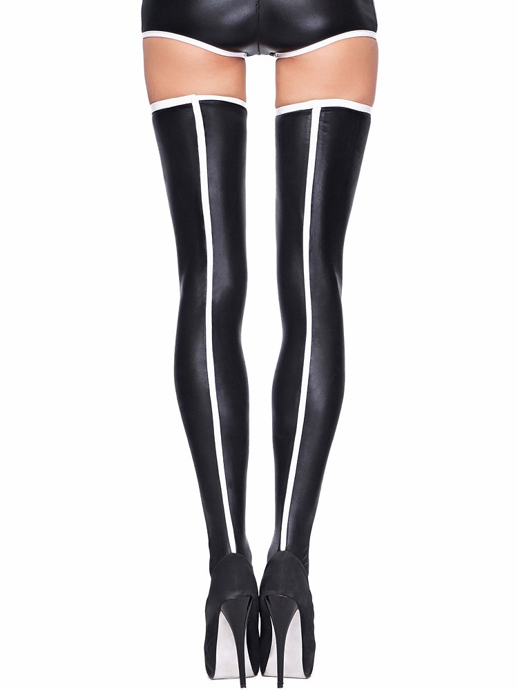 7-Heaven Wetlook-Strapsstrümpfe: Mitu, schwarz (L/XL)