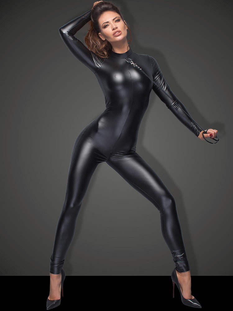 Noir Handmade: Wetlook-Catsuit mit Führleine F162, schwarz (M)