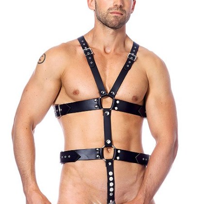 Lederharness mit 2 Penisringen, schwarz (One Size) Lederharness mit 2 Penisringen, schwarz (One Size)