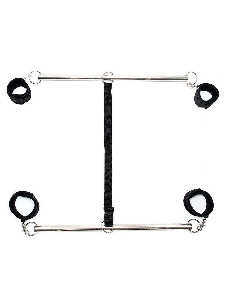 Double Spreader Bar: Doppelspreizstange mit Soft-Fesseln, schwarz/silber