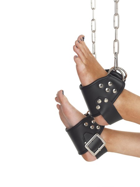 Leder-Fuß-Hängefesseln mit D-Ringen, schwarz