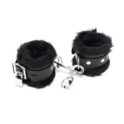 Leder-Handfesseln mit Plüsch und abschließbar, schwarz Leder-Handfesseln mit Plüsch und abschließbar, schwarz