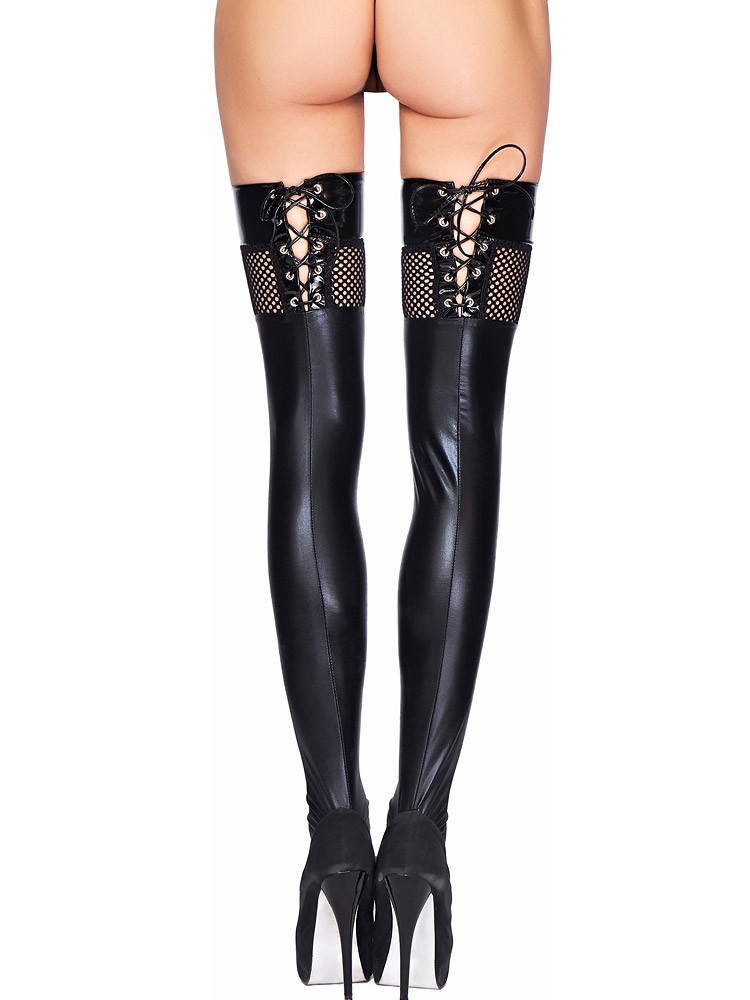 7-Heaven Wetlook-Strapsstrümpfe: Tobati, schwarz (L/XL)