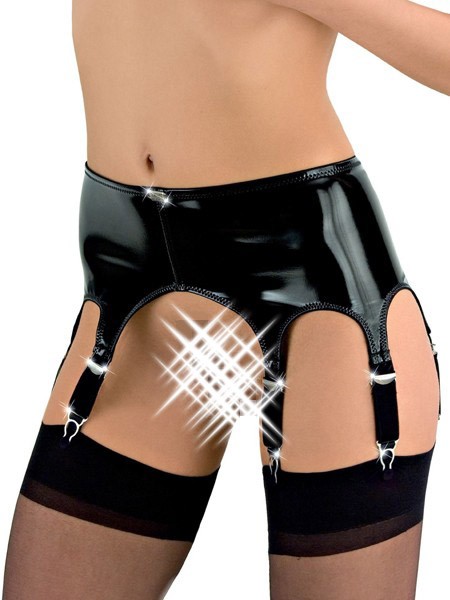 Eros Veneziani Andrea: Lack- Strapsgürtel mit Strümpfen, schwarz (L/XL)