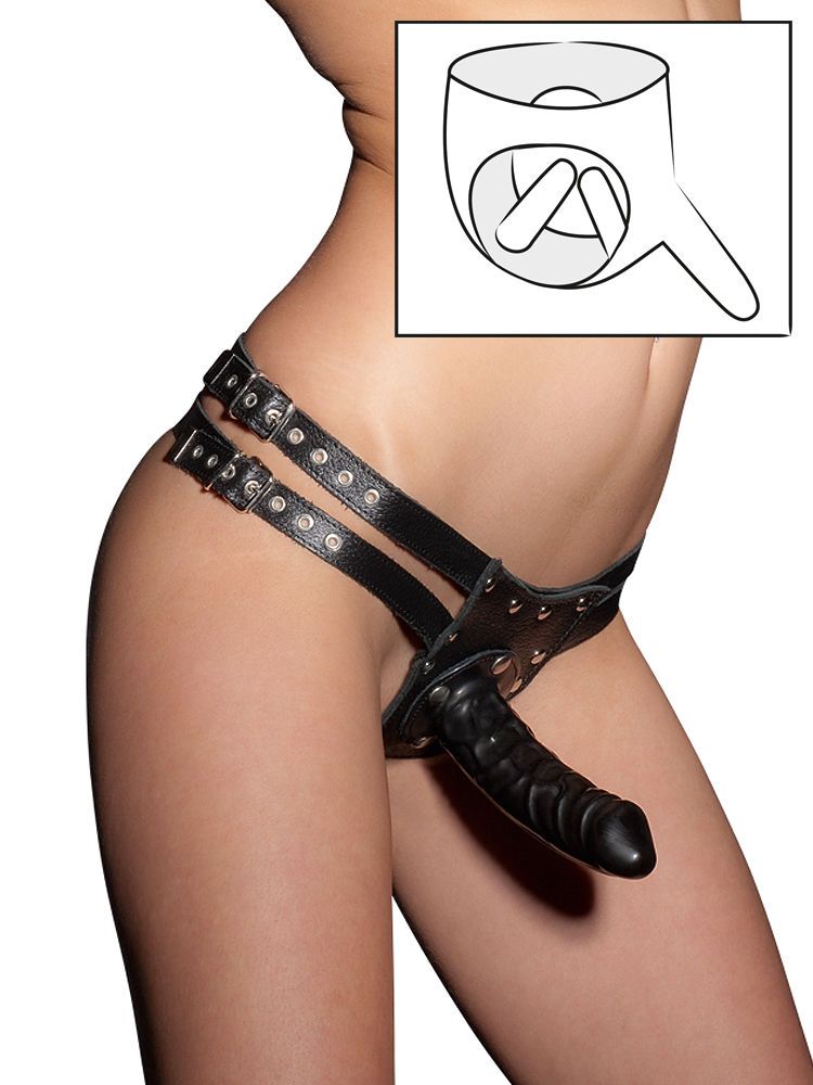 Lederstring mit 3 Dildos, schwarz (L/XL)