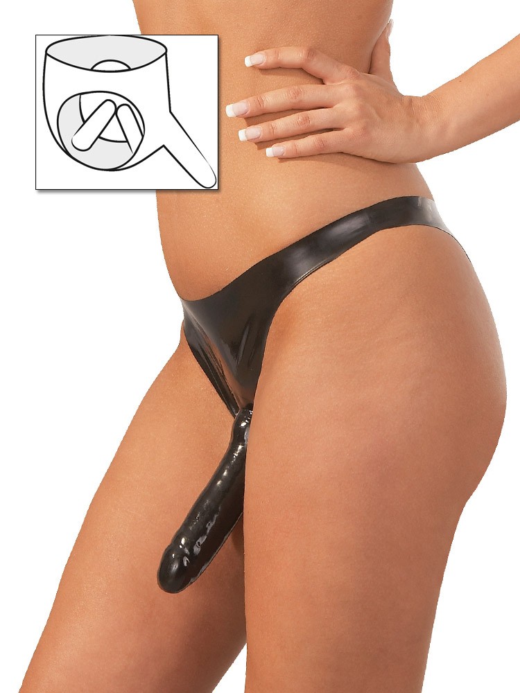 Latex-Slip mit 3fach-Dildo, schwarz (One Size)