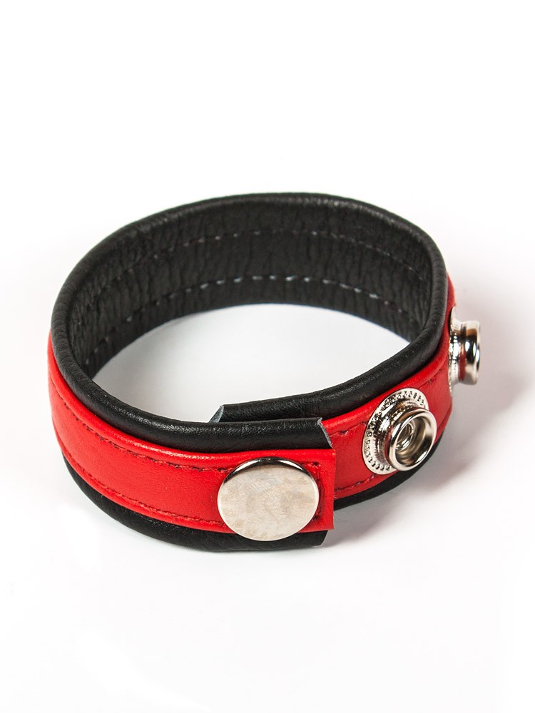Black Label 3 Snap Leather Cock Ring: Penis- und Hodenriemen, schwarz/rot