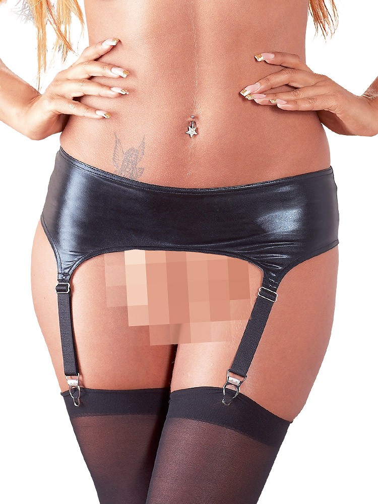 Wetlook-Strapsgürtel und Strümpfe, schwarz (XL)