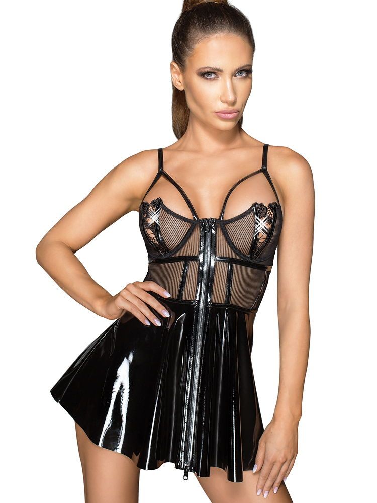 Noir Handmade: Lack-Netz-Minikleid, schwarz (XL)