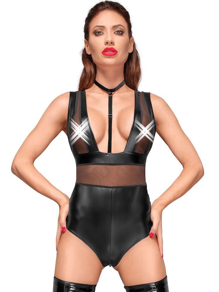 Noir Handmade: Wetlook-Netz-Body F183, schwarz (3XL)