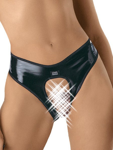 Eros Veneziani: Lack-Ouvertslip, schwarz (S/M)