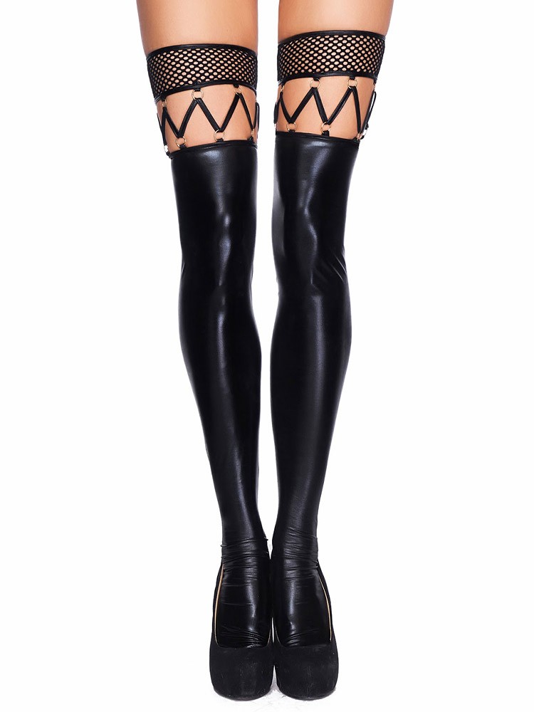 7-Heaven Wetlook-Strapsstrümpfe: Marica, schwarz (L/XL)