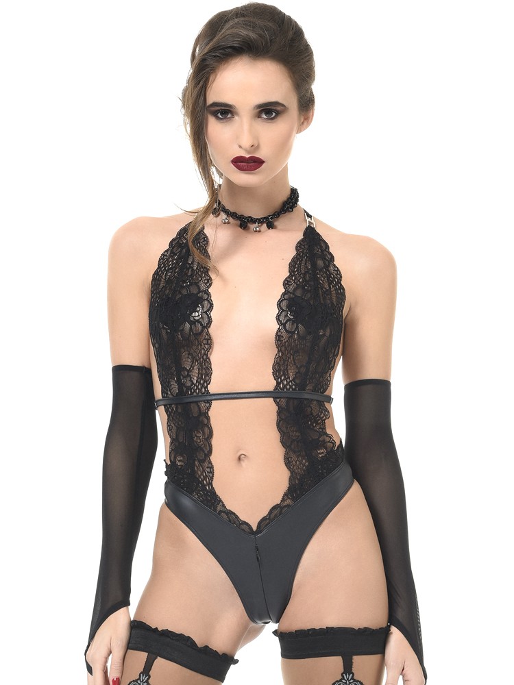 Patrice Catanzaro Camille: Wetlook-Spitzen-Stringbody, schwarz (L)