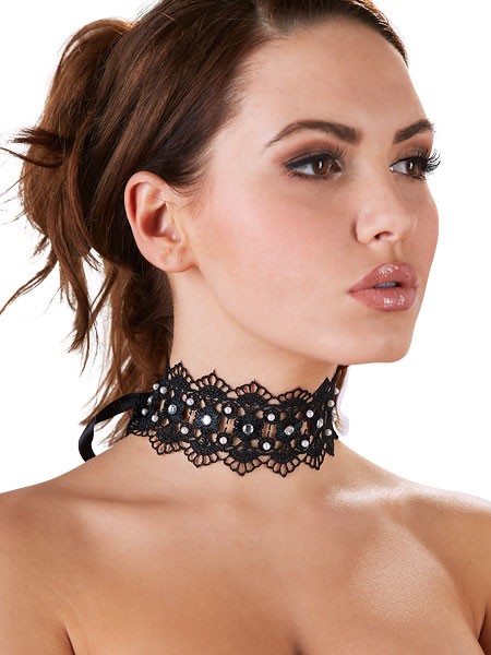 Spitzenhalsband mit Strass, schwarz