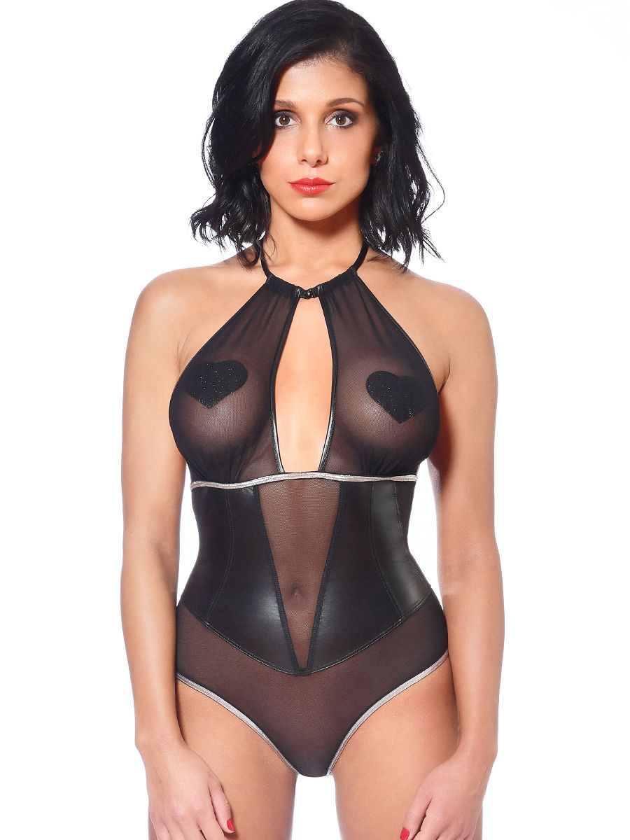 Patrice Catanzaro Amanda: Netz-Wetlook-Body, schwarz (M)