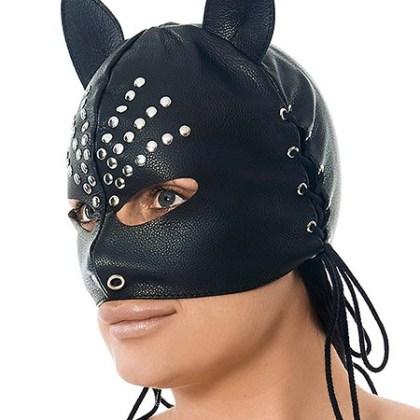 Leder-Kopfmaske mit Katzenohren, schwarz Leder-Kopfmaske mit Katzenohren, schwarz
