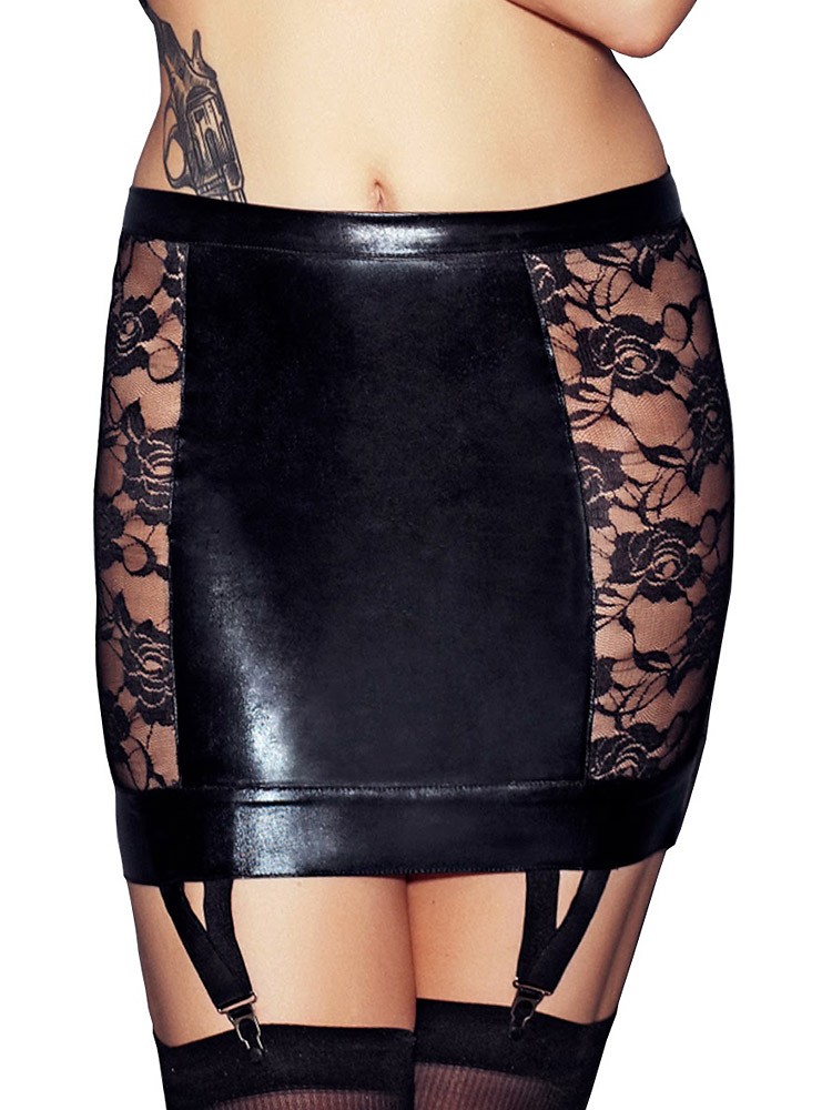 7-Heaven Lorena: Wetlook-Strapsrock, schwarz (XL)