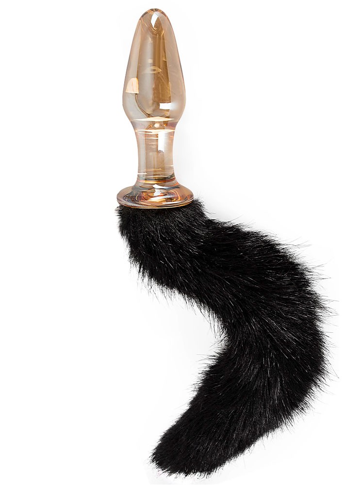 Glas-Analplug mit Schweif, gold/schwarz