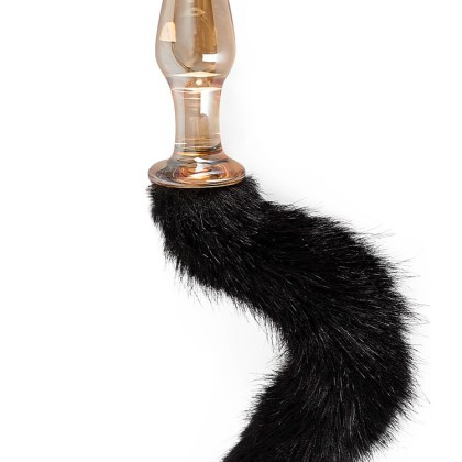 Glas-Analplug mit Schweif, gold/schwarz Glas-Analplug mit Schweif, gold/schwarz