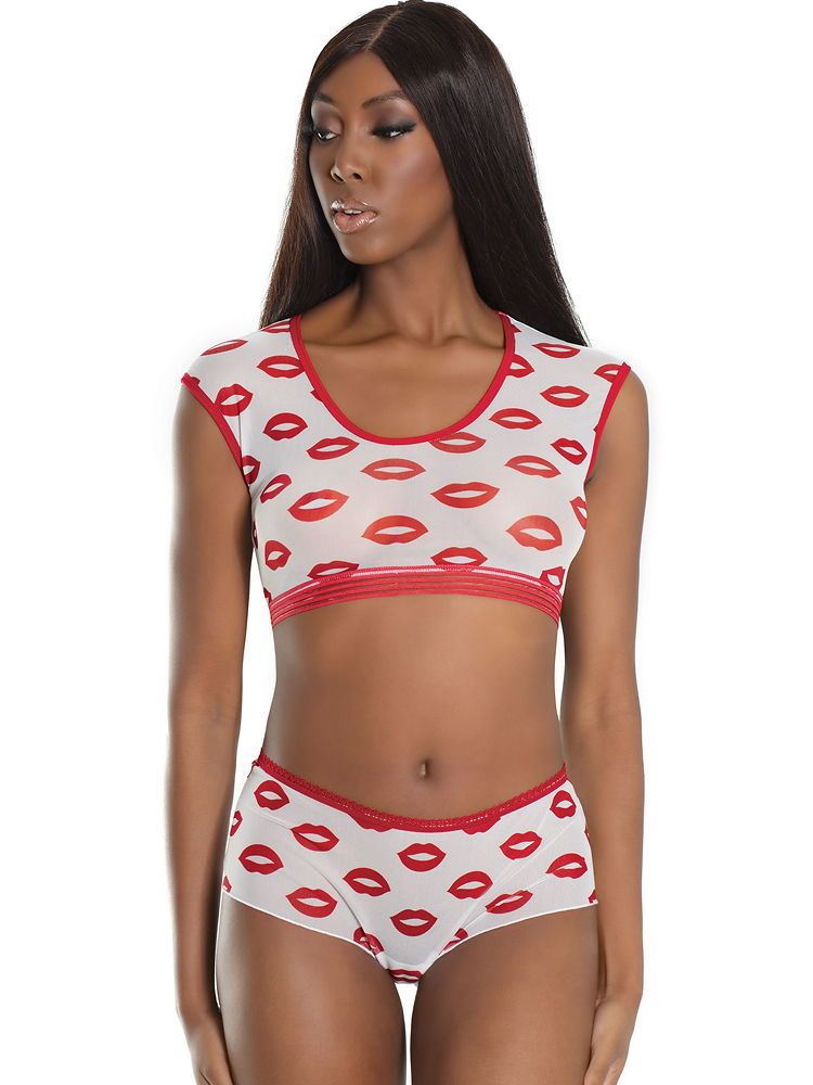 Coquette Elite Top-Set: Lip print, weiß/rot (One Size)
