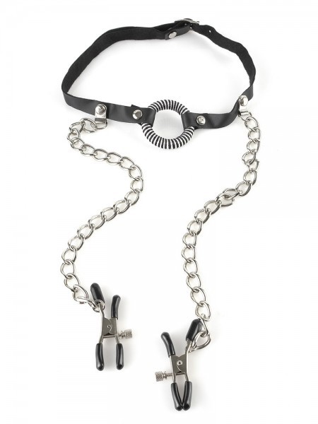 Fetish Fantasy: O-Ring-Knebel mit Nippelklemmen