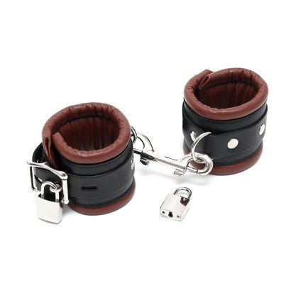 Leder-Handfesseln gepolstert und abschließbar, braun/schwarz Leder-Handfesseln gepolstert und abschließbar, braun/schwarz