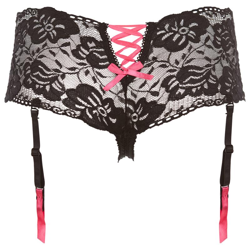 Spitzen Strumpfhaltergürtel mit offenem Schritt - Schwarz/Rosa