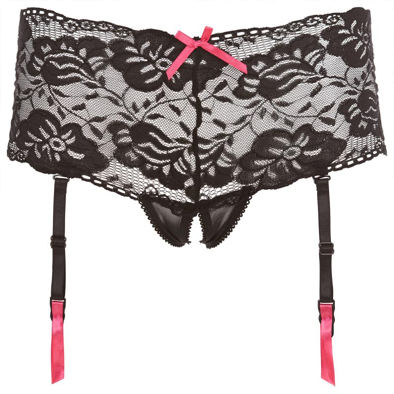 Spitzen Strumpfhaltergürtel mit offenem Schritt - Schwarz/Rosa