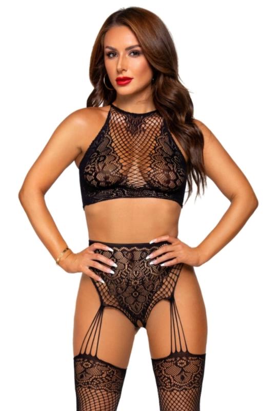 Leg Avenue - Neckholder-Spitzenbody mit Angenähten Strapsen - Schwarz