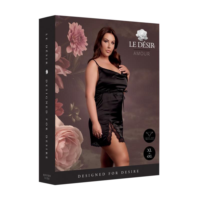 Le Desir – Seidenkleid mit Kreuzträgern und Schlitz, Rückenausschnitt, Queen Size – Schwarz