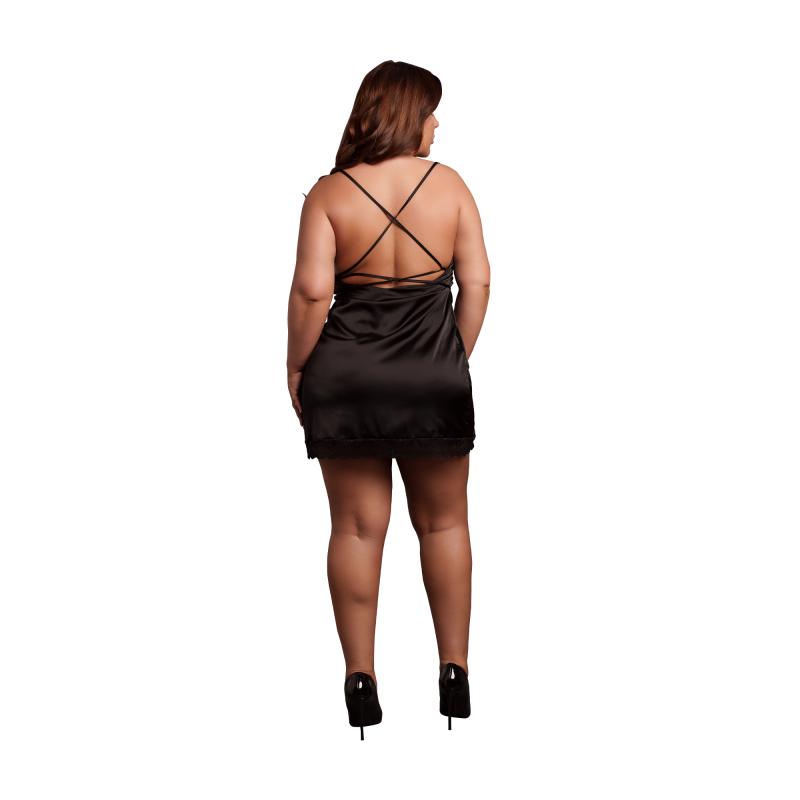 Le Desir – Seidenkleid mit Kreuzträgern und Schlitz, Rückenausschnitt, Queen Size – Schwarz