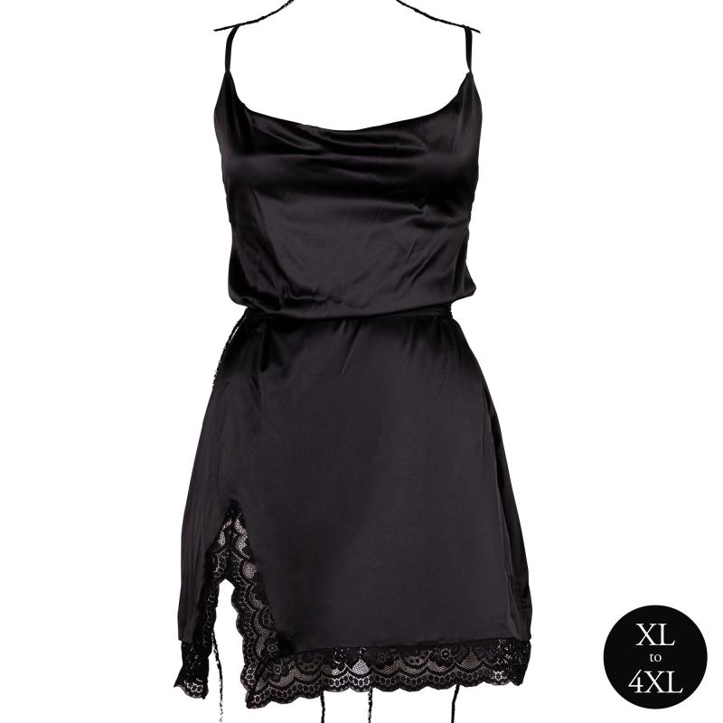 Le Desir – Seidenkleid mit Kreuzträgern und Schlitz, Rückenausschnitt, Queen Size – Schwarz