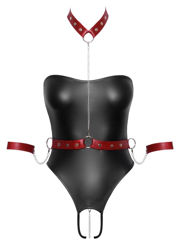 Cottelli Bondage - Stringbody mit Bondage-Details - Schwarz/Rot