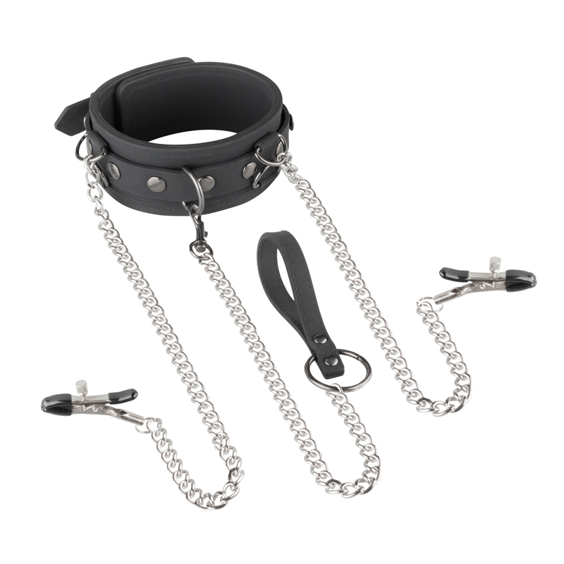 Kunstlederhalsband mit Kette und Nippelklemmen