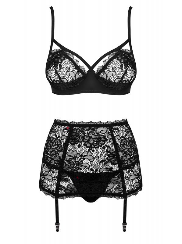 Peonesia - 3-teiliges Spitzen-Strumpfband-Set - Schwarz