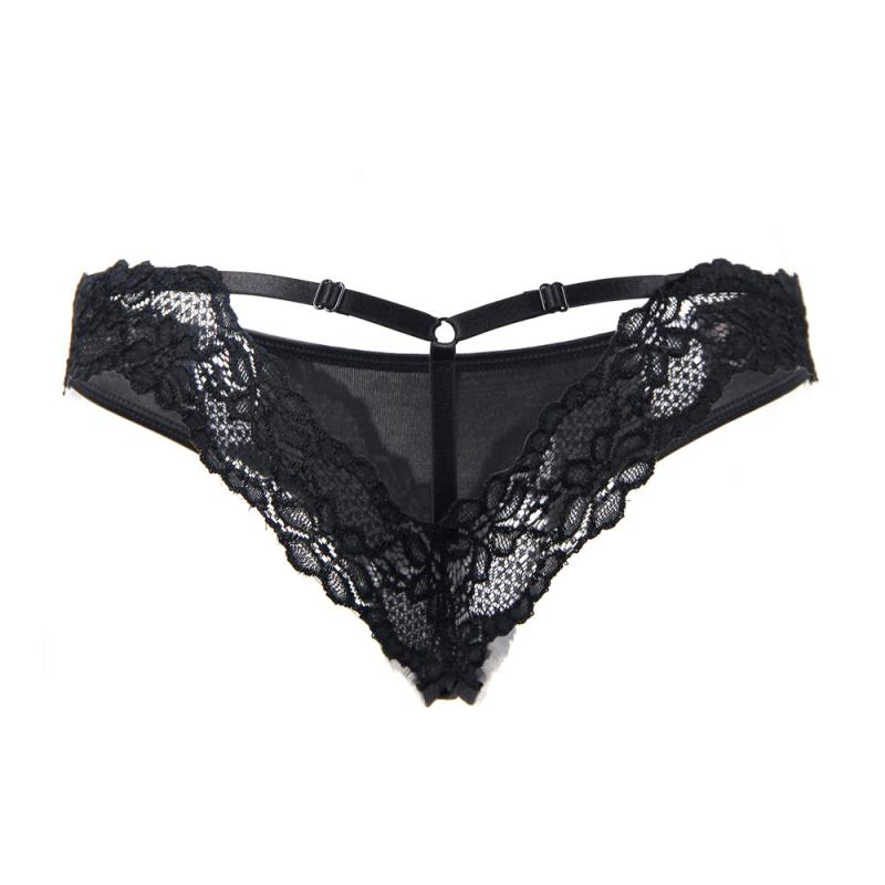 String mit Spitze - Schwarz