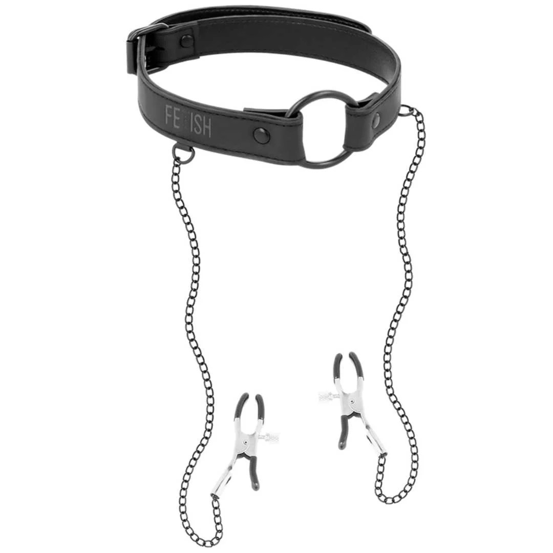 Veganes Lederhalsband mit Nippelklemmen