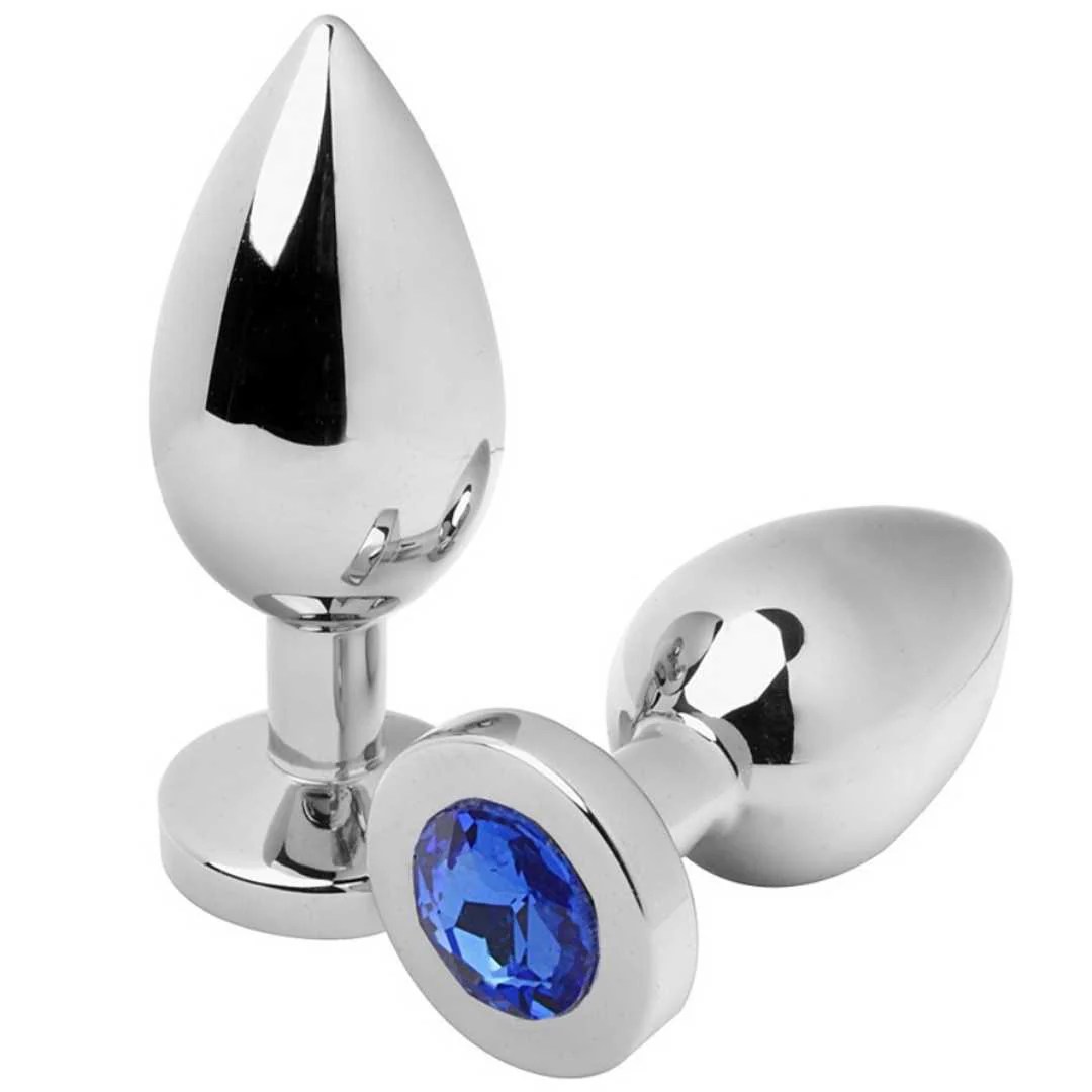 Stahl Analplug mit blauem Schmuckstein