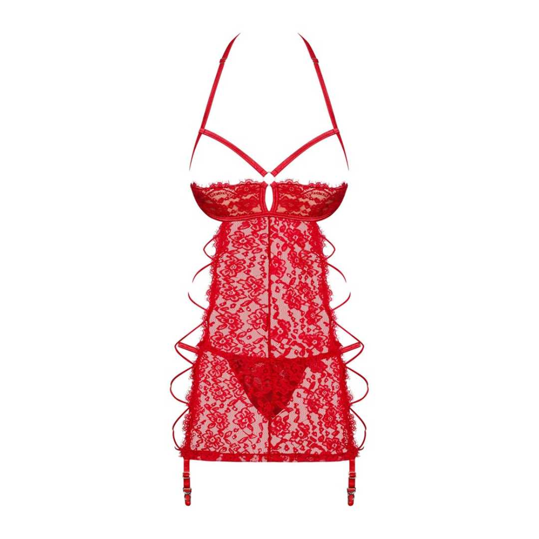 Dessouskleid aus roter Spitze mit offenen Cups