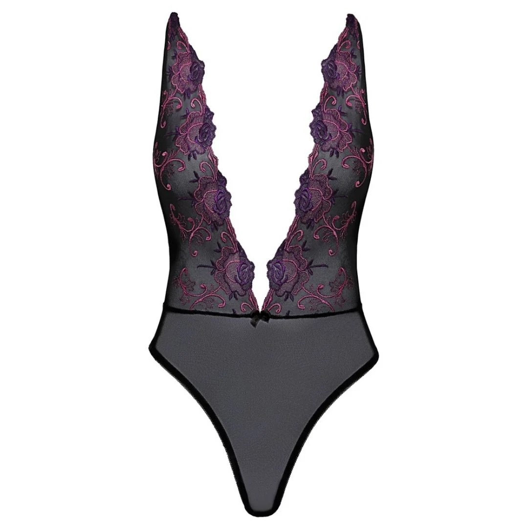 Stringbody mit V-Aussschnitt und floraler Stickerei