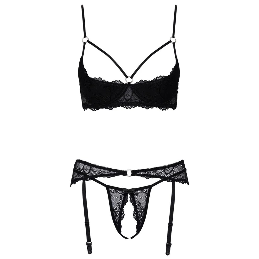 Straps-Set aus Spitze mit Glitzerringen, 3-teilig