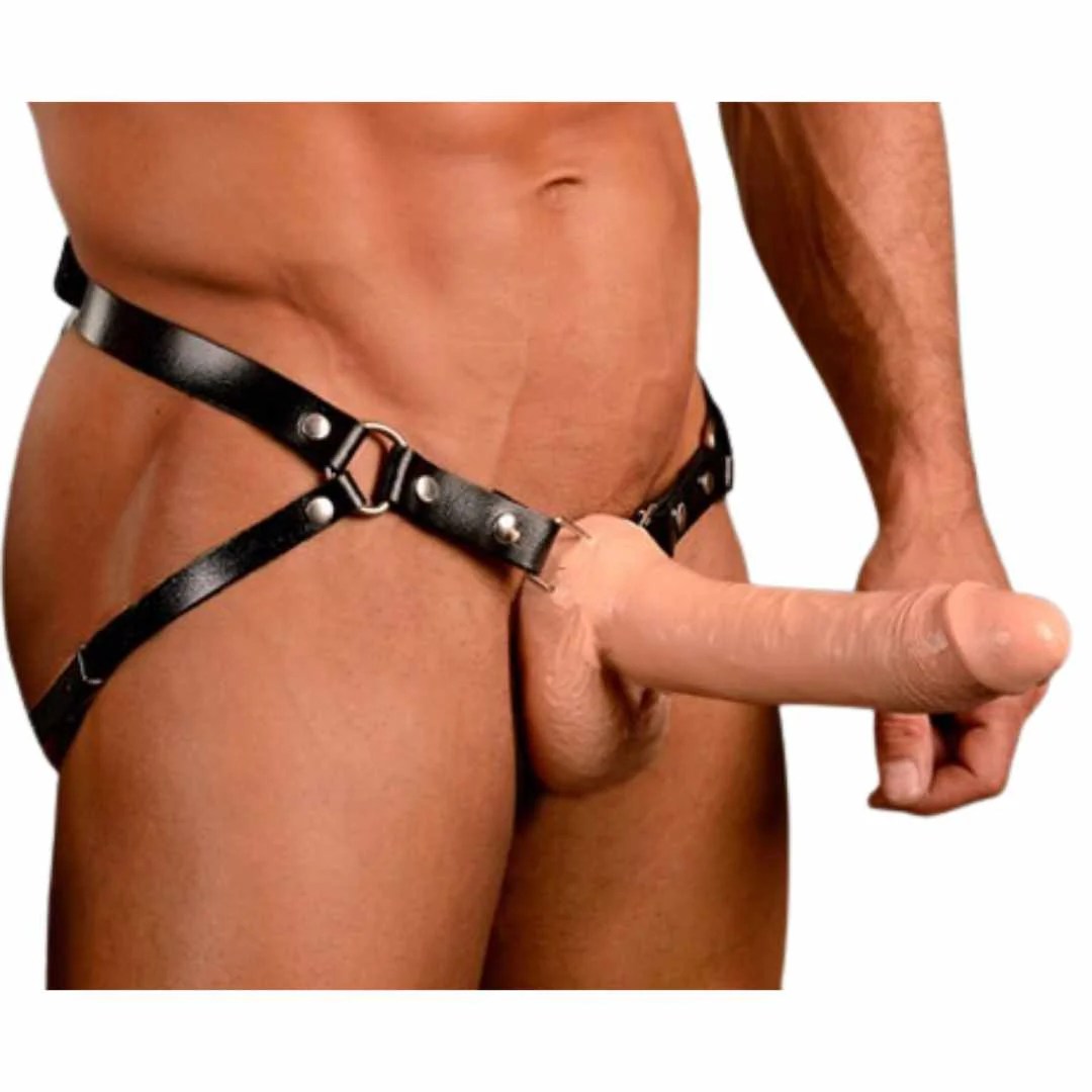 Hohler Naturdildo mit Leder-Harness