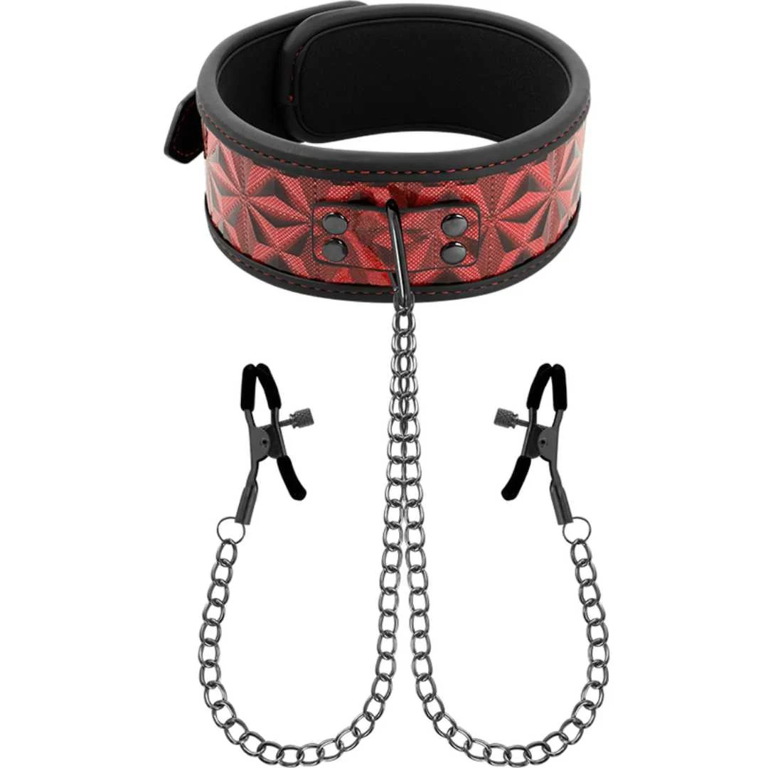 Halsfessel mit Nippelklemmen in rot-schwarz Optik