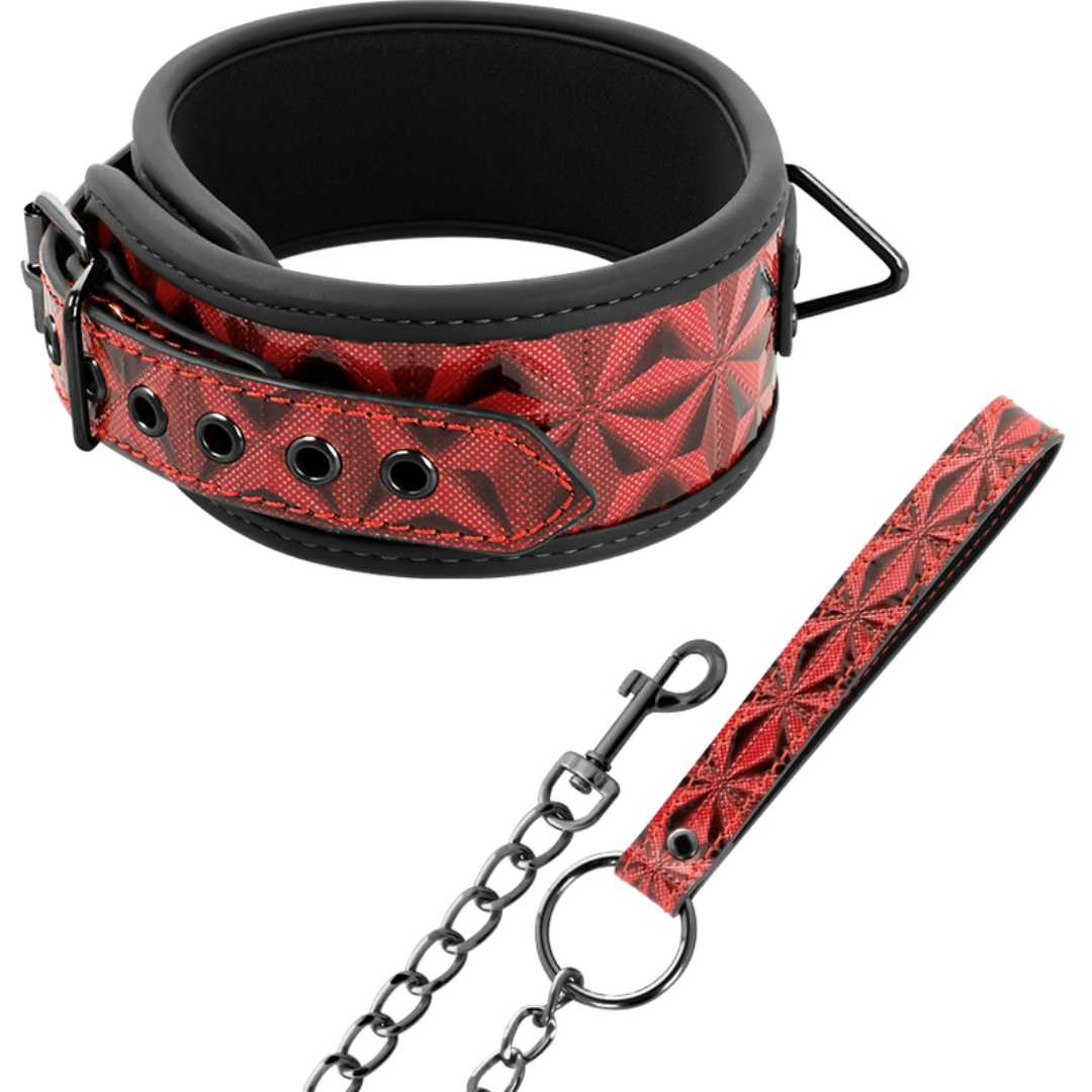 Rot-Schwarze Halsfessel mit Metall-Leine