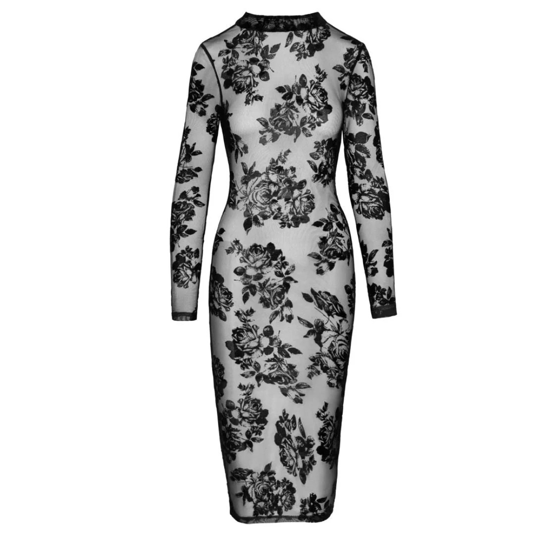 Hautnahes Langarm-Kleid mit Floral-Flockprint, L - SALE
