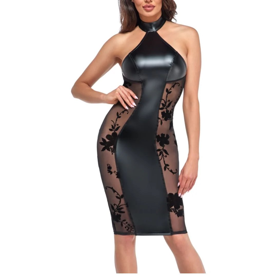 Kleid im Powerwetlook mit samtbeflockten Einsätzen