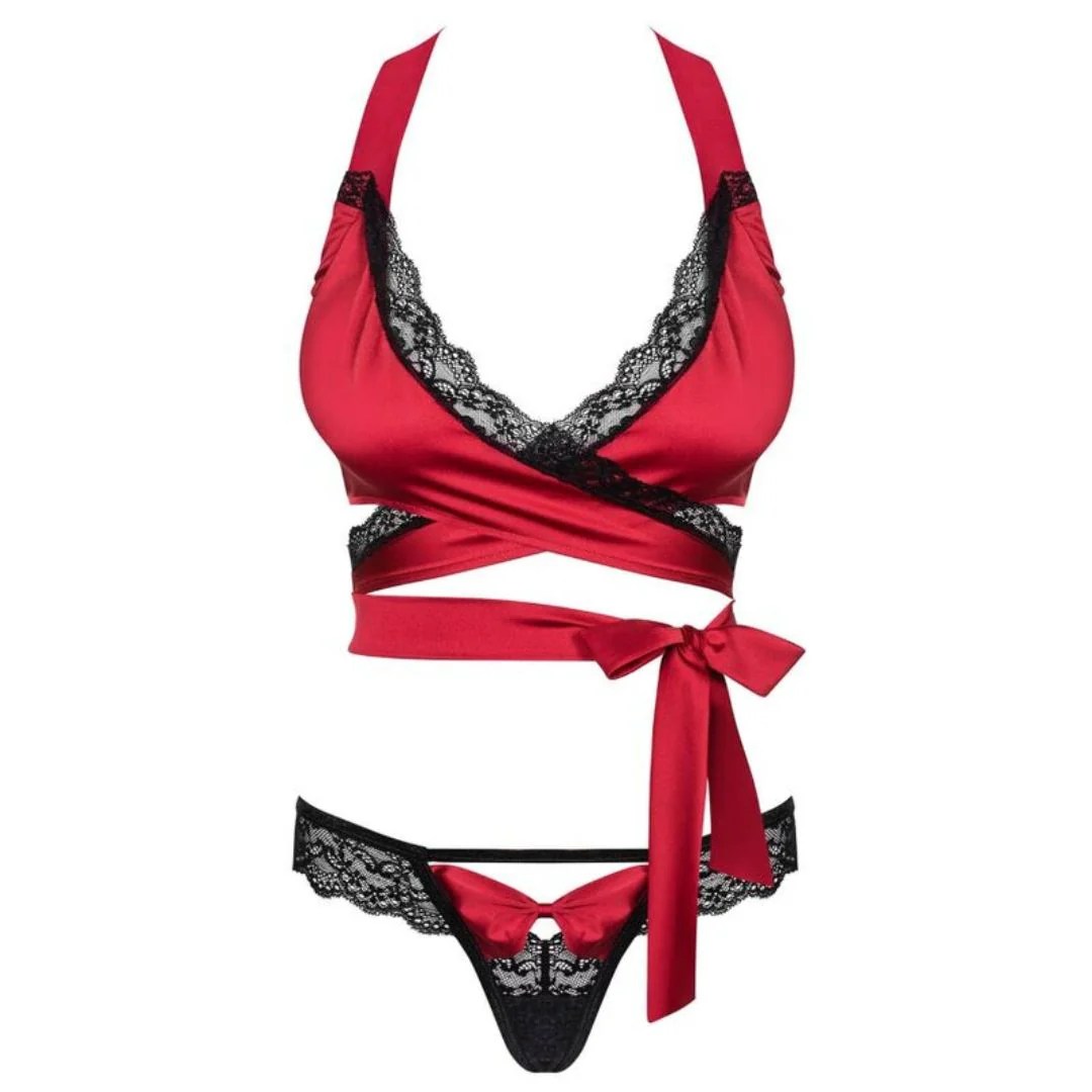 BH zum Binden aus Satin und Spitze plus String, S/M - SALE