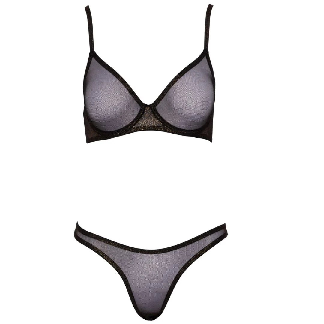 Bügel-BH plus Riostring aus Stretchnetz mit Goldschimmer, SALE