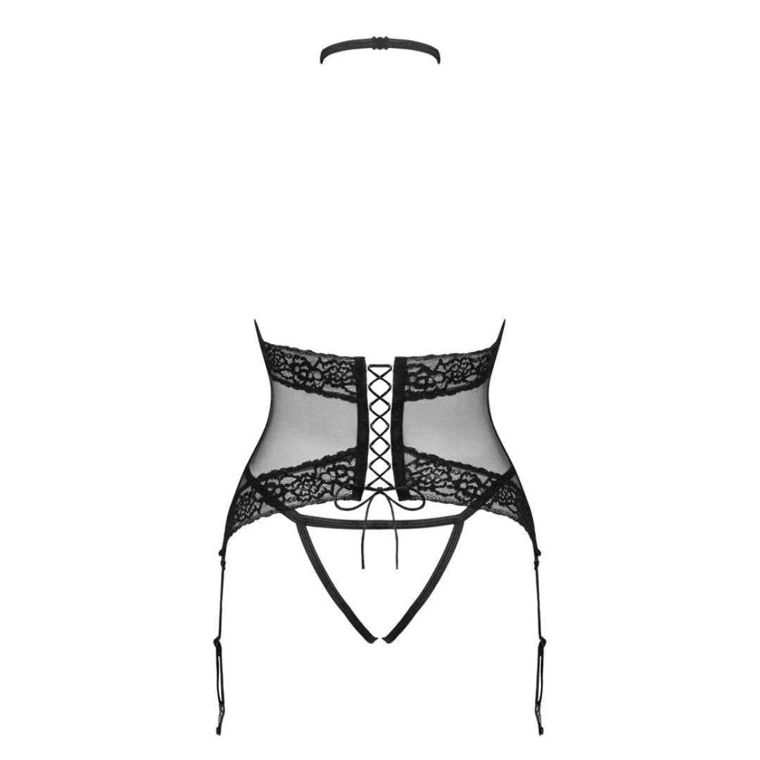 Straps-Korsett mit offenen Cups plus Tanga 