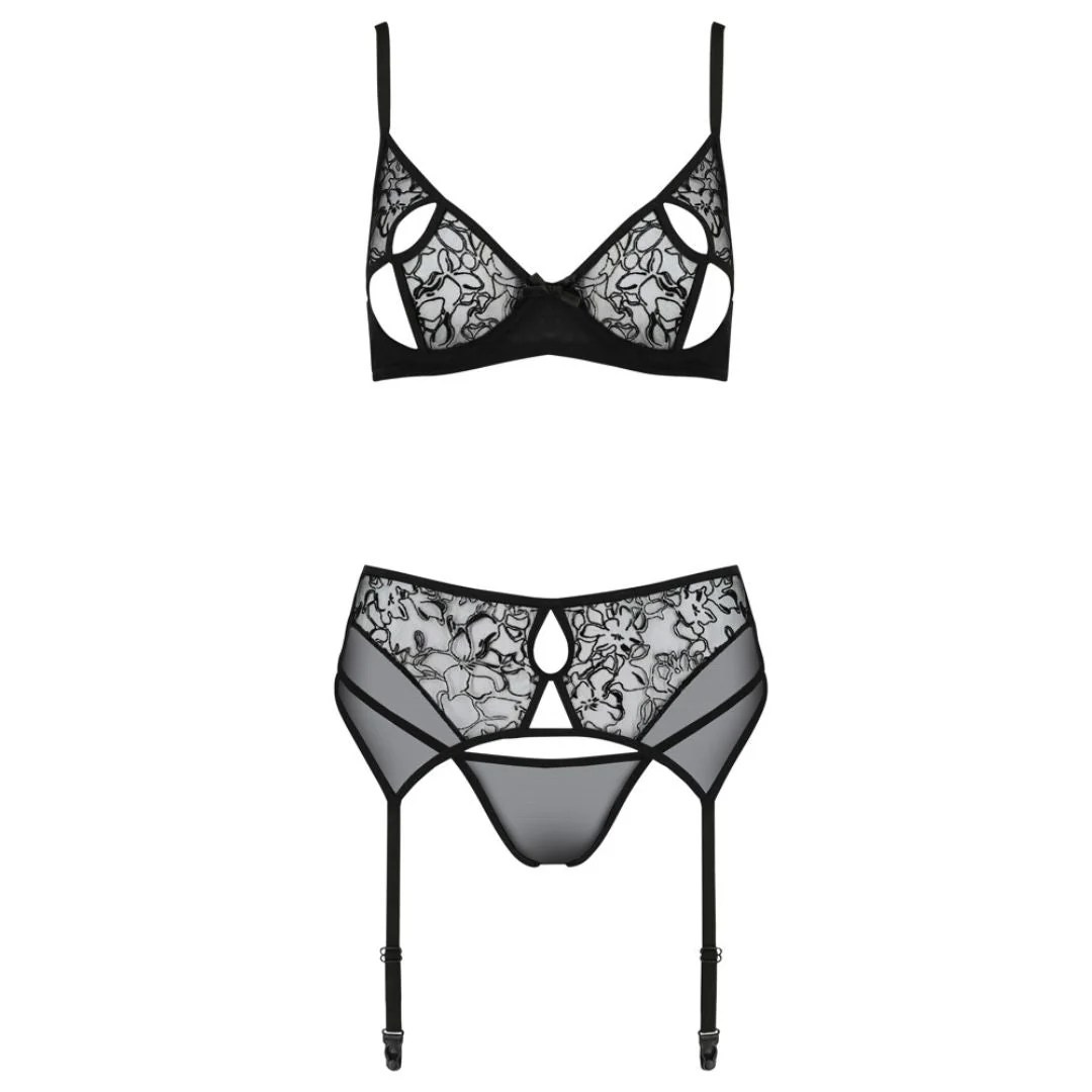 3-teiliges Straps-Set aus Powernet mit Spitze, L/XL - SALE